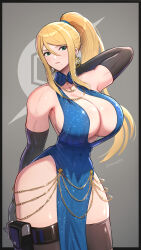 1girl abs absurdres alternate_costume arm_behind_back bad_anatomy biceps black_gloves black_thighhighs blonde_hair blue_dress breasts chain cleavage closed_mouth commentary covered_abs cowboy_shot dress earrings elbow_gloves gloves gold_chain gonzarez green_eyes gun hair_between_eyes halter_dress halterneck hand_up handgun highres holster holstered huge_breasts impossible_clothes jewelry looking_at_viewer meme_attire metroid modakawa_dress mole mole_under_mouth muscular muscular_arms muscular_female narrow_waist necklace nintendo pelvic_curtain ponytail samus_aran small_head solo standing taut_clothes taut_dress thick_thighs thigh_holster thighhighs thighs tight_clothes toned toned_female weapon