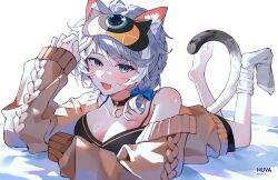 1girl absurdres animal_ear_fluff animal_ears artist_name black_camisole blue_eyes breasts brown_sweater camisole cat_ears cat_girl cat_tail cipher_(honkai:_star_rail) cipher_(sweet_slumber)_(honkai:_star_rail) cleavage commentary eyelashes grey_hair highres honkai:_star_rail honkai_(series) huya_(huy4_53) large_breasts legs_up looking_at_viewer lying mole mole_on_breast multicolored_tail official_alternate_costume on_stomach short_hair_with_long_locks simple_background single_bare_foot sleep_mask socks solo sweater symbol-only_commentary tail the_pose toes white_background white_socks