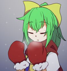 1girl blue_vest bow breath closed_eyes commentary_request cookie_(touhou) daiyousei diyusi_(cookie) green_hair grey_background hair_bow high-visibility_clothing high-visibility_vest medium_hair mittens nanariku open_mouth puffy_short_sleeves puffy_sleeves red_mittens shirt short_sleeves snowing solo touhou upper_body vest white_shirt yellow_bow