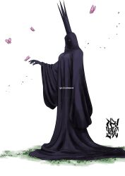Rule 34 | 1girl, achmunzav, breasts, bug, butterfly, crown, grass, highres, imu (one piece), insect, large breasts, long sleeves, one piece, pink butterfly, red eyes, robe, silhouette, simple background, solo, very long robe, white background