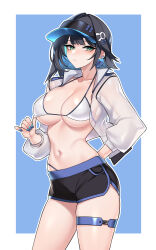 1girl abigail_(black_survival) absurdres bikini black_hair black_hat black_shorts black_survival blue_background blue_hair blue_nails border breasts cleavage closed_mouth collarbone colored_inner_hair commentary_request dogs_(dlrkdejr26) eternal_return:_black_survival fingernails green_eyes hand_on_own_hip hat highres jacket large_breasts long_sleeves looking_at_viewer medium_hair multicolored_hair nail_polish navel open_clothes open_jacket outline outside_border puffy_long_sleeves puffy_sleeves see-through_clothes see-through_jacket short_shorts shorts solo swimsuit thigh_strap thighs white_bikini white_border white_jacket white_outline