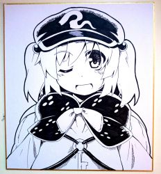 1girl female_focus hair_bobbles hair_ornament hat kawashiro_nitori key monochrome one_eye_closed open_mouth ryuu_(multitask) shikishi short_hair smile solo touhou twintails two_side_up