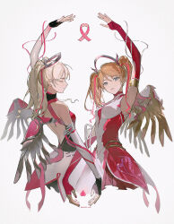 2girls akihare armpits artist_name backless_outfit black_gloves blonde_hair blue_eyes brown_hair closed_eyes closed_mouth commentary cropped_legs dress dual_persona elbow_gloves expressionless facing_viewer fingerless_gloves gloves gradient_hair grey_background hand_up heart highres looking_at_viewer mechanical_wings mercy_(overwatch) multicolored_gloves multicolored_hair multiple_girls nail_polish official_alternate_costume official_alternate_hair_color official_alternate_hairstyle overwatch overwatch_2 parted_lips pink_mercy red_gloves red_nails signature twintails twitter_username upper_body wings