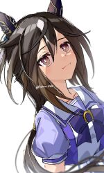 1girl animal_ears asahina_(asahina_0428) bow bowtie brown_eyes brown_hair ear_covers hair_between_eyes highres horse_ears horse_girl horseshoe_ornament long_hair looking_ahead low_ponytail multicolored_hair ponytail puffy_short_sleeves puffy_sleeves purple_bow purple_bowtie purple_shirt sailor_collar sailor_shirt school_uniform shirt short_sleeves simple_background solo stay_gold_(umamusume) streaked_hair tracen_school_uniform twitter_username umamusume white_background white_hair