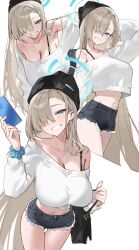 1girl absurdres alternate_costume armpits asuna_(blue_archive) asymmetrical_bangs bare_legs beanie black_bag black_bra black_hat blonde_hair blue_archive blush bra bra_strap breasts casual cellphone cleavage collarbone commentary cropped_sweater denim denim_shorts fingernails hair_over_one_eye halo hat highres holding holding_phone large_breasts long_hair looking_at_viewer multiple_views nail_polish ocean one_eye_covered phone runfufu scrunchie shirt_overhang short_shorts shorts simple_background single_bare_shoulder smile straight_hair sweater thighs underwear very_long_hair white_background white_sweater wrist_scrunchie