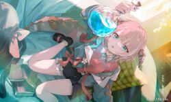 1girl :o aqua_eyes arm_up black_shoes black_skirt blue_jacket book brown_horns character_request commentary_request copyright_notice copyright_request foot_out_of_frame grey_shirt highres holding_potion horns indoors jacket long_sleeves looking_at_object makihitsuji miniskirt open_mouth pillow pink_hair pink_sweater_vest pleated_skirt potion shirt shoes short_hair sitting skirt solo sweater_vest virtual_youtuber wariza
