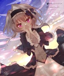 Rule 34 | 1girl, 2022, 9-nine-, absurdres, black bow, black capelet, black dress, black hair, black hairband, blue bow, blush, bow, capelet, commentary, covering own mouth, cowboy shot, dark, dated, dress, dress bow, dutch angle, floating clothes, floating hair, frilled capelet, frilled dress, frilled hairband, frilled sleeves, frills, gothic lolita, hair bow, hair ornament, hairband, hairclip, hands up, highres, interlocked fingers, lolita fashion, lolita hairband, long sleeves, looking at viewer, official alternate costume, outdoors, own hands together, purple brooch, red eyes, short hair with long locks, solo, twitter username, wagashifish, wide sleeves, yuuki noa