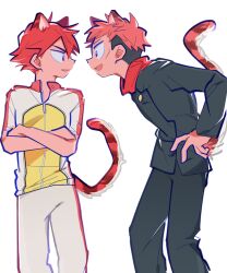 Rule 34 | :d, animal ears, commentary, crossed arms, crossover, extra ears, eye contact, facial mark, feet out of frame, hair between eyes, hands on own hips, itadori yuuji, jujutsu kaisen, jujutsu tech uniform, kemonomimi mode, leaning forward, long sleeves, looking at another, naruko shoukichi, o omome, open mouth, pants, partially unzipped, pink hair, red hair, short hair, short sleeves, simple background, smile, spiked hair, symbol-only commentary, tail, tiger ears, tiger tail, track pants, trait connection, tsurime, undercut, v-shaped eyebrows, white background, yowamushi pedal