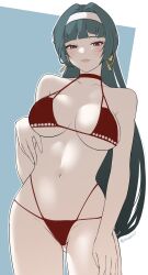 1girl astra_yao bare_shoulders bikini black_hair blush breasts choker cleavage earrings hairband highres jewelry large_breasts long_hair looking_at_viewer navel parted_lips red_bikini red_eyes smile solo swimsuit thighs tinnies zenless_zone_zero