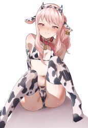 1boy absurdres akiyama_mizuki animal_collar animal_ears animal_print arms_behind_back bell bikini blush bulge closed_mouth collar cow_ears cow_horns cow_print cow_print_bikini cow_print_gloves cow_print_thighhighs ear_tag elbow_gloves fake_animal_ears fake_horns genderswap genderswap_(otm) gloves highres horns knees_up looking_at_viewer male_focus navel neck_bell no_shoes pink_eyes pink_hair print_bikini print_gloves print_thighhighs project_sekai red_collar shadow side_ponytail sidelocks sitting sweatdrop swimsuit thighhighs trap uwuasa