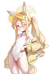 1girl absurdres animal_ears blonde_hair blue_archive breasts fox_ears halo highres li_se long_hair one-piece_swimsuit seia_(blue_archive) seia_(swimsuit)_(blue_archive) simple_background small_breasts solo swimsuit visor_cap white_background white_one-piece_swimsuit