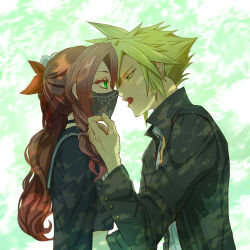 1boy 1girl aerith_gainsborough aerith_gainsborough_(midgard_seventh_high_school) black_choker black_jacket black_mask black_sailor_collar black_shirt blonde_hair blue_eyes brown_hair choker cloud_strife cloud_strife_(midgard_seventh_high_school) collared_shirt crop_top delinquent final_fantasy final_fantasy_vii final_fantasy_vii_ever_crisis flower furrowed_brow gakuran green_background green_eyes hair_flower hair_ornament hair_ribbon hand_on_another&#039;s_chin hetero jacket long_sleeves mask mouth_mask official_alternate_costume open_mouth parted_bangs red_ribbon ribbon sailor_collar school_uniform shirt side_ponytail sidelocks spiked_hair sukeban upper_body wavy_hair white_flower white_shirt yahokichi_ma