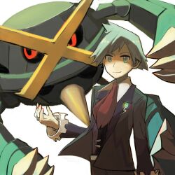 1boy absurdres black_jacket closed_mouth collared_shirt commentary_request gen_3_pokemon green_eyes green_hair highres jacket long_sleeves male_focus mega_metagross mega_pokemon metagross necktie nintendo peppedayo_ne pokemon pokemon_(creature) pokemon_oras red_necktie shirt short_hair smile spiked_hair steven_stone white_background white_shirt