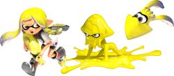 Rule 34 | 1girl, 3d, :o, bare arms, bike shorts, blonde hair, boots, braid, eye mask, eyebrow cut, full body, gradient hair, grey boots, highres, holding, holding weapon, hunched over, ink tank (splatoon), inkling, inkling (swim form), inkling girl, inkling player character, long hair, looking to the side, multicolored hair, nintendo, official art, open mouth, paint splatter, shirt, short eyebrows, short hair with long locks, side braid, sidelocks, solo, splatoon (series), splatoon 3, splattershot (splatoon), spotted hair, suction cups, t-shirt, tentacle hair, thick eyebrows, transformation, transparent background, two-tone hair, v-shaped eyebrows, veronika (splatoon), walking, weapon, white shirt, yellow eyes