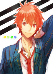Rule 34 | 1boy, arm up, blue jacket, commentary request, ittoki otoya, jacket, loose necktie, male focus, nakahara (mu tation), necktie, orange eyes, orange hair, red necktie, smile, solo, striped clothes, striped jacket, upper body, uta no prince-sama