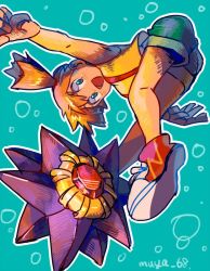 1girl ass asymmetrical_hair back bad_id bad_pixiv_id blush eyelashes gen_1_pokemon green_eyes gym_leader hair_between_eyes hair_tie misty_(pokemon) navel nintendo one_eye_closed open_mouth orange_hair pokemon pokemon_(anime) pokemon_(classic_anime) ponytail shirt shoes short_hair short_shorts shorts side_ponytail skyloop19 smile sneakers starmie suspenders tank_top water yellow_shirt yellow_tank_top