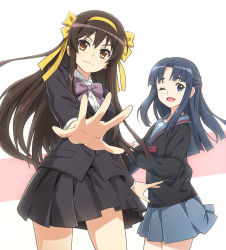Rule 34 | 2girls, alternate hair length, alternate hairstyle, asakura ryoko, blazer, blue eyes, blue hair, blue sailor collar, blue skirt, bow, brown eyes, brown hair, brown jacket, brown skirt, cardigan, closed mouth, forehead, hair between eyes, highres, hime cut, jacket, kita high school uniform, kouyouen academy school uniform, long hair, long sleeves, looking at viewer, multiple girls, nagato yuki-chan no shoushitsu, nyoro (nyoronyoro000), official alternate hair length, official alternate hairstyle, one eye closed, open mouth, purple bow, red ribbon, ribbon, sailor collar, school uniform, shirt, skirt, smile, suzumiya haruhi, suzumiya haruhi no shoushitsu, suzumiya haruhi no yuuutsu, white shirt