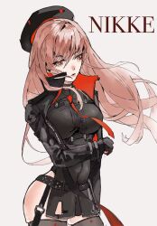 Rule 34 | 1girl, beret, black jacket, black leotard, black thighhighs, collared leotard, copyright name, cropped legs, goddess of victory: nikke, hat, highres, jacket, leotard, long hair, pink eyes, pink hair, rapi (nikke), solo, thighhighs, white background, yinggu