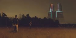 Rule 34 | 2boys, absurdres, architecture, building, cloud, cloudy sky, dark, from behind, grass, hat, highres, multiple boys, night, night sky, outdoors, plant, science fiction, simon stalenhag, sky, standing, swedish machines, tree