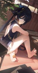 1girl absurdres barefoot black_hair blue_archive blue_eyes bug butterfly china_dress chinese_clothes double_bun dress feet hair_bun highres insect kisaki_(blue_archive) light_blush long_hair looking_at_viewer soles songchuan_li toes