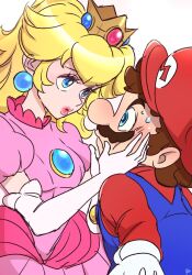 1boy 1girl agua_mp blonde_hair blue_eyes breasts brown_hair couple crown dress facial_hair hands_on_another&#039;s_face lips long_hair long_sleeves mario mario_(series) medium_breasts mustache nervous nintendo overalls princess_peach short_hair white_background