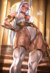1girl alternate_costume animal_ears armlet artist_logo artist_name bare_shoulders boku_no_hero_academia bracelet breasts commentary covered_erect_nipples dark-skinned_female dark_skin english_commentary esmile gluteal_fold golden_sash hand_on_own_hip highres hip_bones jewelry large_breasts leotard logo long_eyelashes long_hair looking_at_viewer making-of_available mirko parted_bangs rabbit_ears rabbit_girl red_eyes sash skindentation smile solo steaming_body thick_thighs thighhighs thighs toned toned_female very_long_hair white_hair white_leotard white_thighhighs