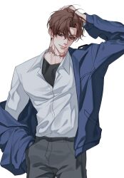 1boy agent_choi black_eyes black_shirt blue_jacket blue_pupils brown_hair closed_mouth collared_shirt cowboy_shot grey_pants gwechul hair_between_eyes hand_in_pocket hand_on_own_head highres jacket korean_commentary looking_at_viewer male_focus open_clothes open_jacket pants scar scar_on_neck shirt shirt_under_shirt short_hair simple_background smile solo white_background white_shirt yum_606