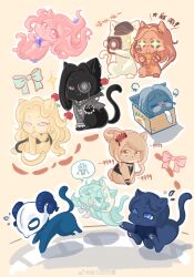 &gt;_&lt; +_+ absurdres aeon_(shining_nikki) animal animal_focus animal_skull animalization asymmetrical_hair black_gloves black_hair black_hat black_necktie black_vest blue_shorts blush_stickers box brown_hair bubble caprico_(shining_nikki) charmonroe_(shining_nikki) chinese_commentary chinese_text clothed_animal collared_jacket collared_shirt commentary_request dotted_line expressionless eyelashes fang fang_out flying_sweatdrops frilled_sleeves frills glasses gloves grey_hair grey_jacket hair_bun hairband hat high_collar highres in_box in_container jacket jiang_beixi licking_paw lolory_(shining_nikki) long_hair long_sleeves looking_at_viewer lying marina_(shining_nikki) mercury_(shining_nikki) monocle necktie newsboy_cap nightbane_(shining_nikki) nikki_(nikki) nikki_(series) no_humans on_back opaque_glasses outstretched_hand pawpads pink_eyes pink_hair recording red_eyes road running shining_nikki shirt short_hair shorts simple_background single_blush_sticker single_hair_bun skull-shaped_hat sparkling_eyes street tareme translation_request very_long_hair vest vivian_(shining_nikki) white_necktie white_shirt xiaoyu_qixing yellow_background yellow_hairband zipper zipper_pull_tab