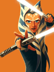 1girl 5health absurdres ahsoka_tano alien blue_eyes blue_tunic blue_vest colored_skin dual_wielding energy_sword fingerless_gloves gloves highres holding holding_sword holding_weapon lekku_(anatomy) lightsaber looking_at_viewer orange_skin simple_background solo star_wars sword togruta tunic upper_body vest weapon white_lightsaber