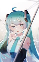 Rule 34 | 1girl, absurdres, ahoge, aqua eyes, aqua hair, aqua necktie, blush, breasts, collarbone, collared shirt, detached sleeves, hair between eyes, hair ornament, hatsune miku, highres, long hair, long sleeves, medium breasts, necktie, number tattoo, open mouth, shirt, sleeveless, sleeveless shirt, smile, solo, tattoo, transparent, transparent umbrella, twintails, umbrella, umi 1125peinter, very long hair, vocaloid, white shirt, wide sleeves