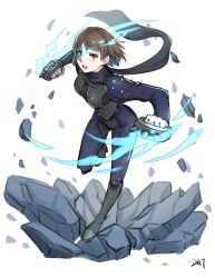 1girl absurdres artist_name black_scarf blue_bodysuit blue_fire blush bodysuit braid breasts brown_hair clenched_hands crown_braid da-cart debris eye_mask fighting_stance fire full_body gloves highres long_sleeves looking_at_viewer medium_breasts niijima_makoto open_mouth persona persona_5 red_eyes rock scarf short_hair shoulder_spikes solo spiked_knuckles spikes standing standing_on_one_leg white_background white_gloves