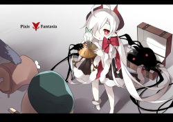 1girl copyright_name demon_girl gradient_background horns letterboxed long_hair monster pixiv_fantasia pixiv_fantasia_t pointy_ears red_eyes red_rulu_(saru) rulu_(saru) saru very_long_hair white_hair