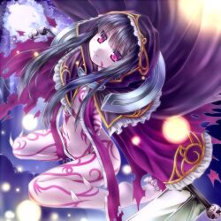 1girl barefoot black_hair body_markings cloak death_alma emil_chronicle_online ghost hood hoodie lowres maou_mikage navel purple_cloak purple_eyes purple_hoodie scythe shinigami soles torn_cloak torn_clothes