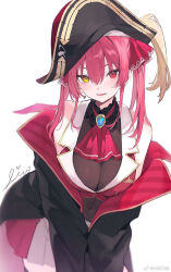 1girl aiko_(kanl) ascot bare_shoulders black_hat black_jacket bodysuit breasts brooch brown_bodysuit cleavage commentary_request covered_navel cowboy_shot cropped_vest hat heterochromia highres hololive houshou_marine houshou_marine_(1st_costume) jacket jewelry large_breasts leaning_forward long_hair looking_at_viewer off_shoulder open_mouth pink_hair pirate_hat pleated_skirt red_eyes red_skirt red_vest see-through_cleavage see-through_clothes simple_background skirt sleeveless smile solo twintails vest white_background yellow_eyes