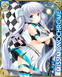 1girl blue_eyes blunt_bangs card character_name checker_pattern checkered_flag closed_mouth day flag girlfriend_(kari) midriff miss_monochrome miss_monochrome_(character) navel official_art outdoors qp:flapper race_queen race_track shirt skirt solo tagme thighhighs twintails white_footwear white_hair white_shirt white_skirt