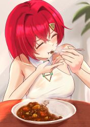 1girl absurdres ange_katrina ange_katrina_(2nd_costume) blush closed_eyes collared_shirt curry curry_rice eating food hair_intakes hair_ornament highres holding holding_spoon nakai_kana nijisanji plate red_hair rice see-through_clothes see-through_shirt shirt sleeveless sleeveless_shirt solo spoon table virtual_youtuber