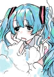 1girl between_fingers black_eyes blowing_smoke blue_hair blue_necktie bored cigarette collared_shirt green_nails hair_ornament half-closed_eyes hand_on_own_cheek hand_on_own_face hatsune_miku head_rest holding holding_cigarette long_hair necktie open_mouth shirt simple_background sleeveless sleeveless_shirt smoke smoking solo tareme turbo_engine_(rakugaki_tabo) twintails upper_body vocaloid white_background white_shirt