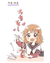 +_+ 1girl :d blush_stickers brown_eyes brown_hair brown_sailor_collar commentary_request cup_ramen drooling fang hair_ornament hairclip highres holding holding_spoon layered_sleeves long_sleeves namori nanamori_school_uniform oomuro_sakurako open_mouth sailor_collar school_uniform shirt short_hair short_over_long_sleeves short_sleeves simple_background smile solo spoon translation_request upper_body white_background white_shirt yuruyuri