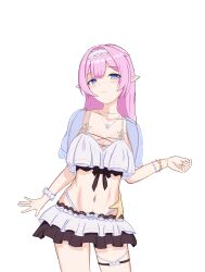 1girl bikini bikini_skirt blue_eyes blue_jacket bracelet breasts cleavage commentary_request cowboy_shot elf elysia_(honkai_impact) elysia_(miss_pink_elf)_(honkai_impact) elysia_(summer_miss_elf)_(honkai_impact) hairband highres honkai_(series) honkai_impact_3rd jacket jewelry large_breasts long_hair m00nf1sh necklace official_alternate_costume pink_hair pointy_ears scrunchie shell shell_necklace simple_background solo swimsuit thigh_strap thighs white_background white_bikini white_hairband wrist_scrunchie