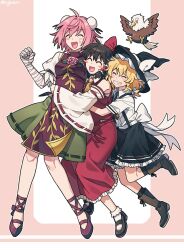 3girls ahoge alternate_costume ascot back_bow bandaged_arm bandages bird black_shoes black_skirt blonde_hair blush boots bow braid breasts brown_boots brown_hair bun_cover closed_eyes collared_shirt commentary detached_sleeves double_bun eagle flower frilled_hair_tubes frilled_skirt frills green_skirt grin hair_bow hair_bun hair_tubes hakurei_reimu hat hat_bow highres hug hug_from_behind ibaraki_kasen kanda_(touhou) kirisame_marisa long_hair mary_janes multiple_girls necktie open_mouth pink_flower pink_hair pink_rose re_ghotion red_bow red_shoes red_skirt red_tabard ribbon-trimmed_skirt ribbon-trimmed_sleeves ribbon_trim rose shirt shoes short_sleeves side_braid single_braid skirt skirt_set smile socks suspender_skirt suspenders sweatdrop tabard touhou twitter_username white_bow white_shirt white_socks witch_hat yellow_ascot