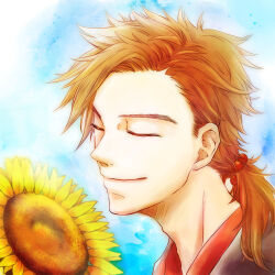 1boy adam&#039;s_apple blue_background bokujou_monogatari bokujou_monogatari:_mittsu_no_sato_no_taisetsuna_tomodachi brown_hair closed_eyes closed_mouth flower hair_bobbles hair_ornament hinata_(bokujou_monogatari) japanese_clothes male_focus parted_bangs portrait pupa115 rattail short_hair side_part smile solo spiked_hair sunflower