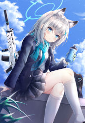 Rule 34 | 1girl, absurdres, animal ear fluff, animal ears, assault rifle, bag, black jacket, black skirt, blazer, blue archive, blue eyes, bottle, bright pupils, crossed legs, extra ears, fox ears, fringe trim, gloves, gun, hair ornament, halo, highres, holding, ichizon, jacket, kneehighs, long hair, long sleeves, looking at viewer, miniskirt, open clothes, open jacket, parted lips, plaid clothes, plaid skirt, pleated skirt, rifle, scarf, school bag, school uniform, shiroko (blue archive), shirt, shirt tucked in, sig sauer 556, silver hair, sitting, skirt, socks, solo, thighs, undershirt, weapon, white shirt, white socks, x hair ornament