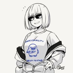 Rule 34 | 1girl, commentary, english commentary, gridman universe, hand on own hip, jacket, long sleeves, looking at viewer, martinwdoodles, monochrome, print shirt, shinjou akane, shirt, short hair, simple background, ssss.gridman, standing, sunglasses, t-shirt, white background
