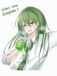 Rule 34 | 1boy, blush, cup, disposable cup, drink, drunk, english text, enkephalin (project moon), green hair, green necktie, lobotomy corporation, long hair, looking at viewer, male focus, necktie, netzach (project moon), ori oriio, project moon, simple background, smile, solo, spill, white background