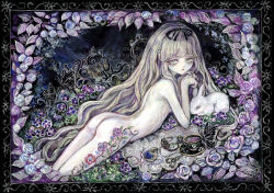 Rule 34 | 1girl, acrylic paint (medium), ass, bird, blonde hair, bug, butterfly, commentary request, cup, expressionless, flower, green eyes, insect, long hair, looking at viewer, lying, nude, on stomach, original, painting (medium), pale skin, petals, pocket watch, rose, solo, sumire shisei, teacup, traditional media, very long hair, watch, white rabbit (animal)