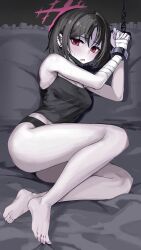 1girl absurdres bandaged_arm bandages bare_legs barefoot black_camisole black_hair black_panties blue_archive breasts camisole chain chained_wrists chan_ye2 commentary ear_piercing full_body halo highres looking_at_viewer lying mask mask_pull misaki_(blue_archive) mouth_mask multiple_piercings no_pants on_bed on_side open_mouth pale_skin panties piercing red_eyes restrained short_hair small_breasts solo underwear