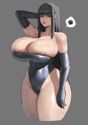 1girl alternate_costume apron arm_behind_head black_eyes black_gloves black_leotard blunt_bangs borrowed_character breasts cleavage collarbone cowboy_shot curvy disgust ethan69_(anhuzart) gloves grey_lips highres hime_cut huge_breasts juggernaut_(dragia3743) large_breasts leotard lipstick long_hair long_sleeves looking_at_viewer makeup mole mole_on_breast mole_under_eye mole_under_mouth multiple_moles original solo straight_hair strapless strapless_leotard thick_thighs thighs wide_hips