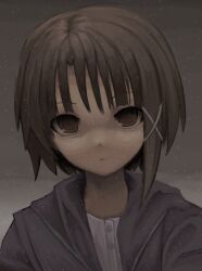 1girl :| black_hoodie bob_cut brown_eyes brown_hair choppy_bangs close-up closed_mouth commentary dark english_commentary expressionless gradient_background grey_background hair_ornament head_tilt hood hood_down hoodie iwakura_lain looking_at_viewer open_clothes open_hoodie outdoors portrait serial_experiments_lain shirt short_hair single_sidelock snowflakes snowing solo white_shirt x_hair_ornament zoolpal