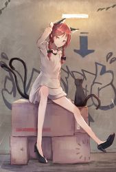 1girl absurdres alternate_costume animal_ear_fluff animal_ears arrow_(symbol) black_footwear box braid breasts cardboard_box cat cat_ears cat_tail chromatic_aberration closed_mouth collarbone dress fluorescent_lamp full_body graffiti hair_ornament hairclip high_heels highres kaenbyou_rin kurowa_(curowa) looking_at_viewer medium_hair multiple_tails no_socks on_box red_eyes red_hair sitting sitting_on_box small_breasts smile solo tail touhou twin_braids two_tails white_dress