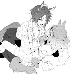 Rule 34 | 2girls, animal ears, between legs, blush, bra, braid, breasts, cleavage, collared shirt, commentary request, fangs, fuji kiseki (umamusume), greyscale, half up braid, highres, horse ears, horse girl, horse tail, jungle pocket (umamusume), korean commentary, large breasts, long sleeves, looking at another, monochrome, multiple girls, open mouth, pants, shirt, short hair, sweatdrop, tail, thighhighs, umamusume, underwear, yuri, zn242878163